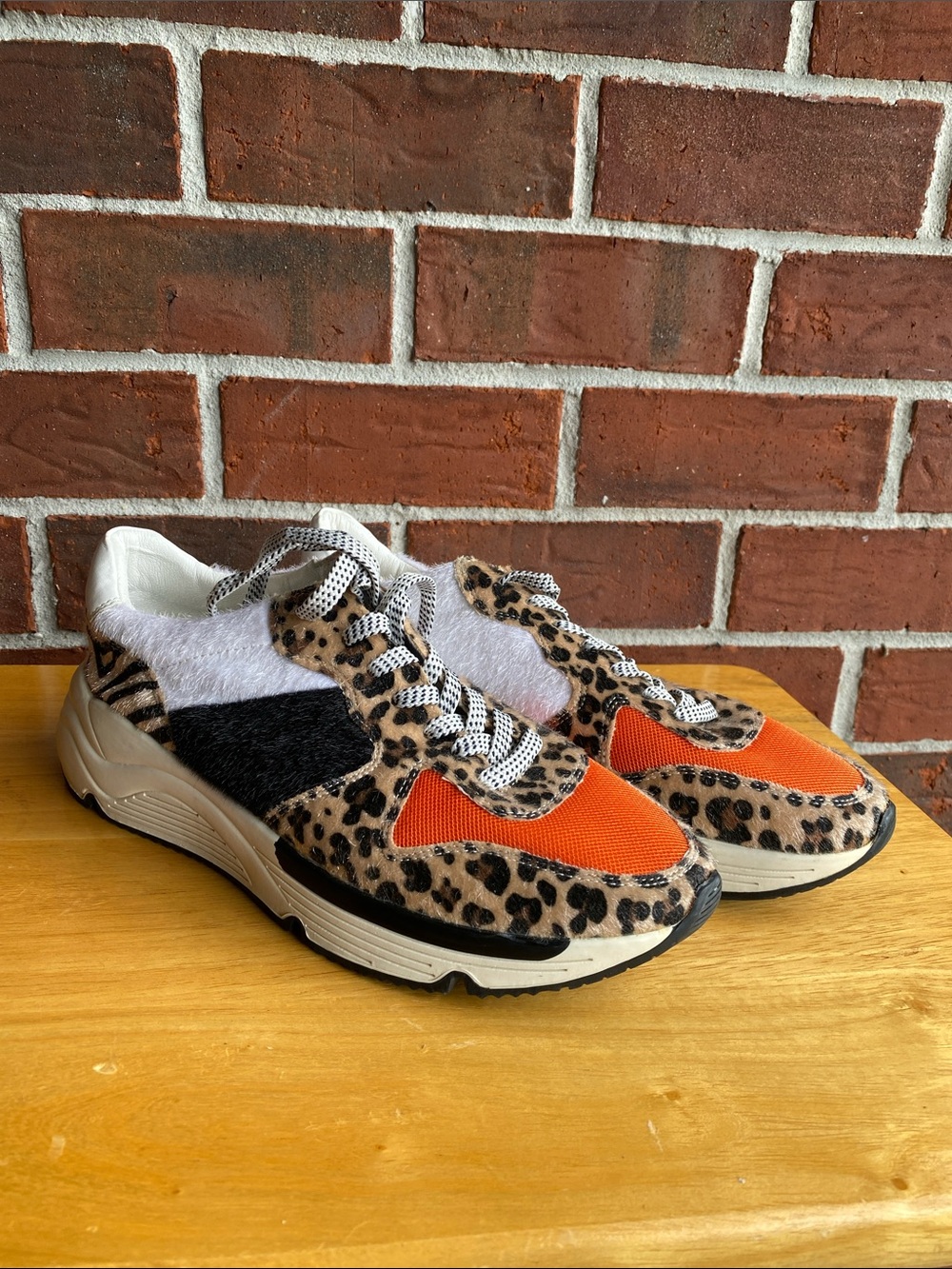 Women's Leopard Print Sneakers with Bright Orange Mesh Accents